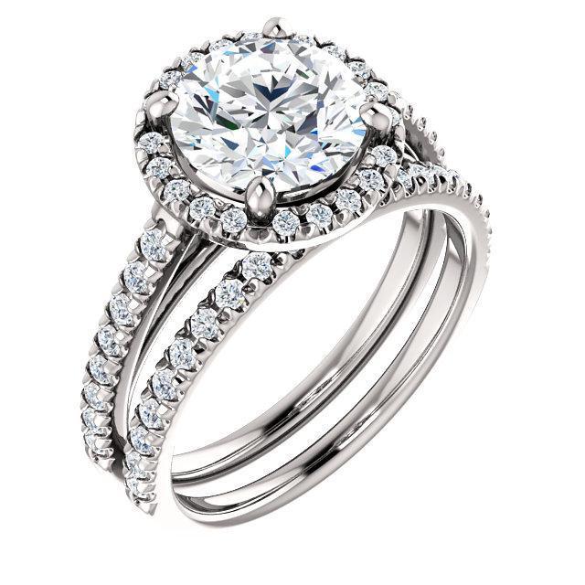 Round Moissanite Diamond Accent Ice Halo Cathedral Ring-Custom-Made Jewelry-Fire & Brilliance ®