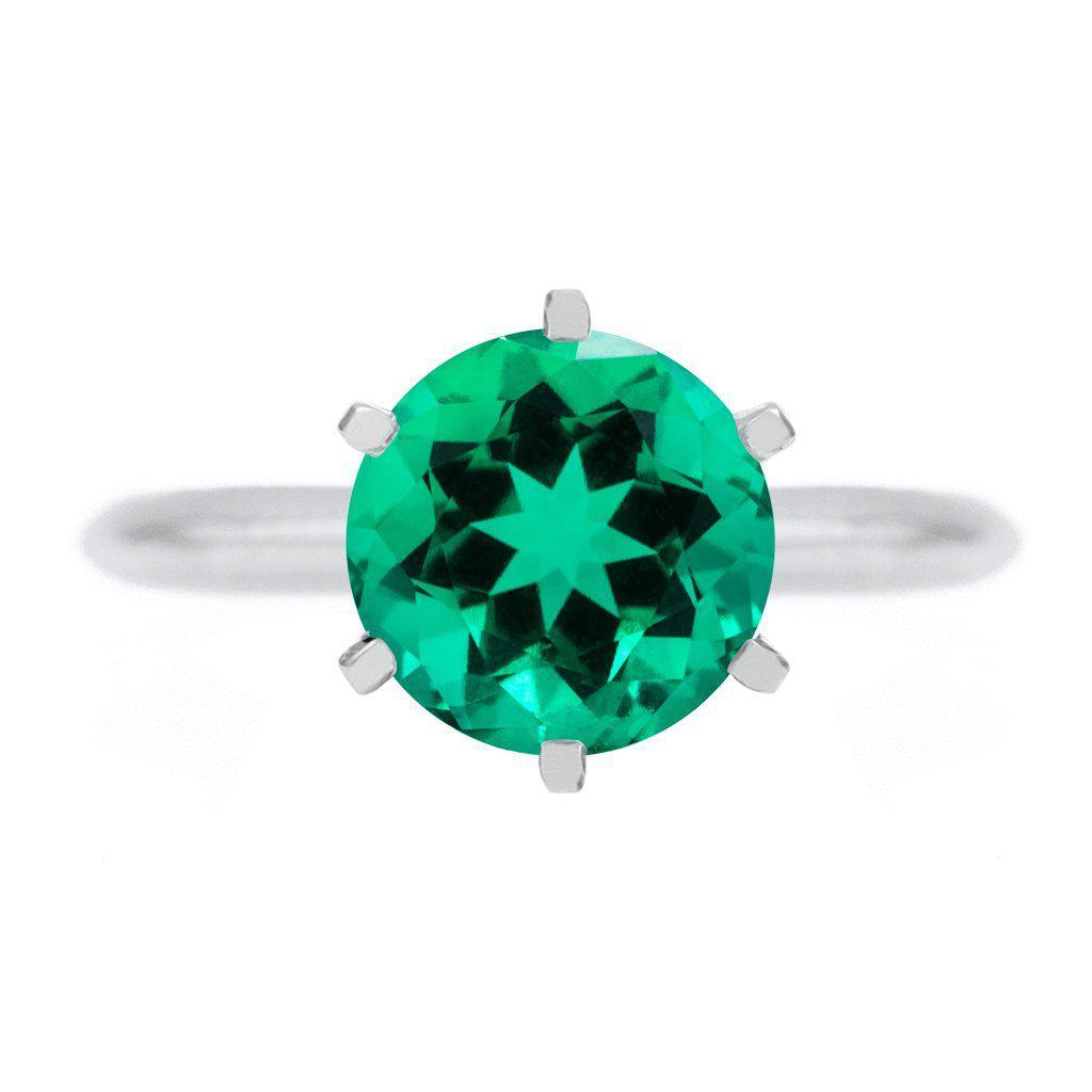 Round Emerald 14K or 18K White Gold 6 Prongs Solitaire Ring-FIRE & BRILLIANCE