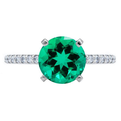 Round Emerald 4 Prongs Diamond Accent Ice Cathedral Solitaire Ring-FIRE & BRILLIANCE