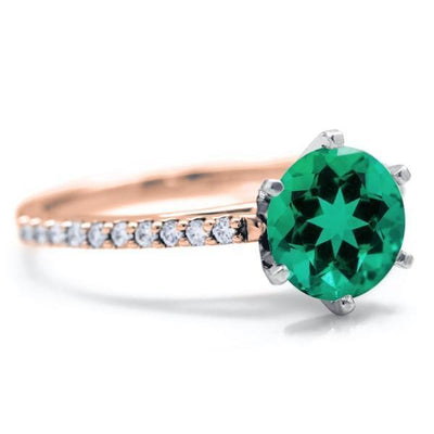 Round Emerald 6 Prongs Diamond Accent Ice Cathedral Solitaire Ring-FIRE & BRILLIANCE