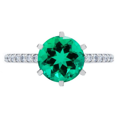 Round Emerald 6 Prongs Diamond Accent Ice Solitaire Ring-FIRE & BRILLIANCE