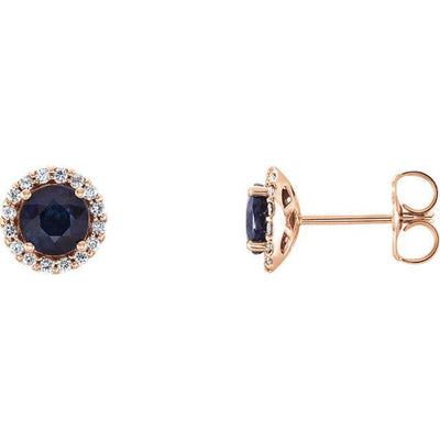Round Lab-Created Blue Sapphire & Natural Diamond Halo 4 Prong Earrings-Moissanite Earrings-Fire & Brilliance ®