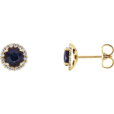 Round Lab-Created Blue Sapphire & Natural Diamond Halo 4 Prong Earrings-Moissanite Earrings-Fire & Brilliance ®