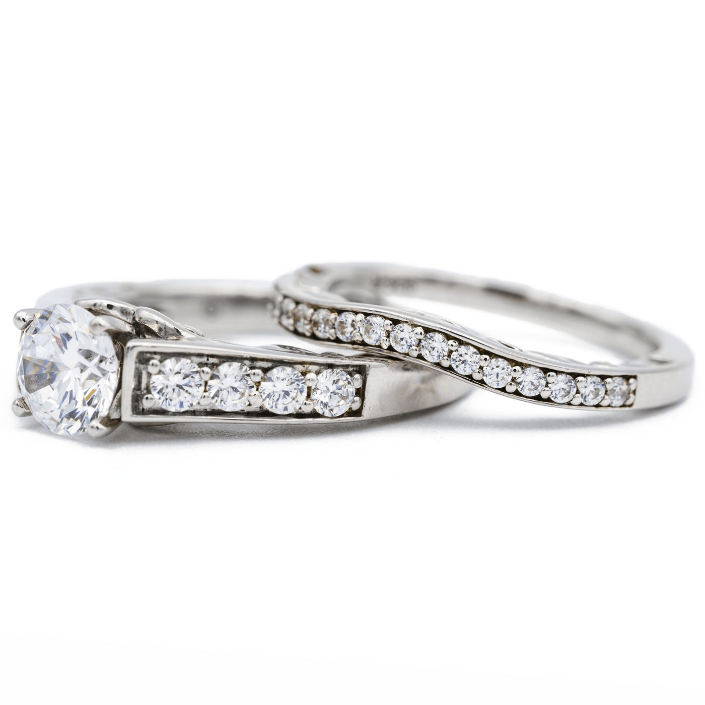 Round Moissanite 14K White Gold 4 Prong Diamond Shank Ring-Fire & Brilliance ® Creative Designs-Fire & Brilliance ®