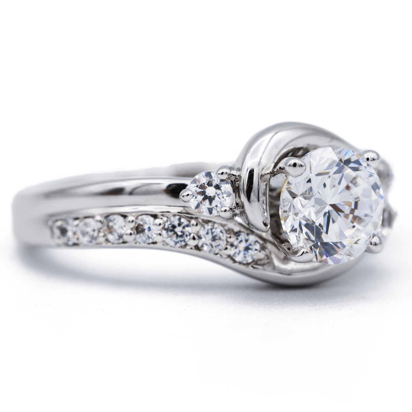 Round Moissanite 14K White Gold Diamond 4 Prong Split Bypass Shank Ring-Fire & Brilliance ® Creative Designs-Fire & Brilliance ®