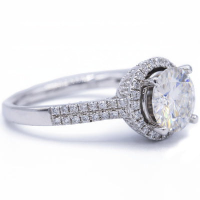 Round Moissanite 14K White Gold Diamond Double Shoulders and Halo Ring-Fire & Brilliance ® Creative Designs-Fire & Brilliance ®