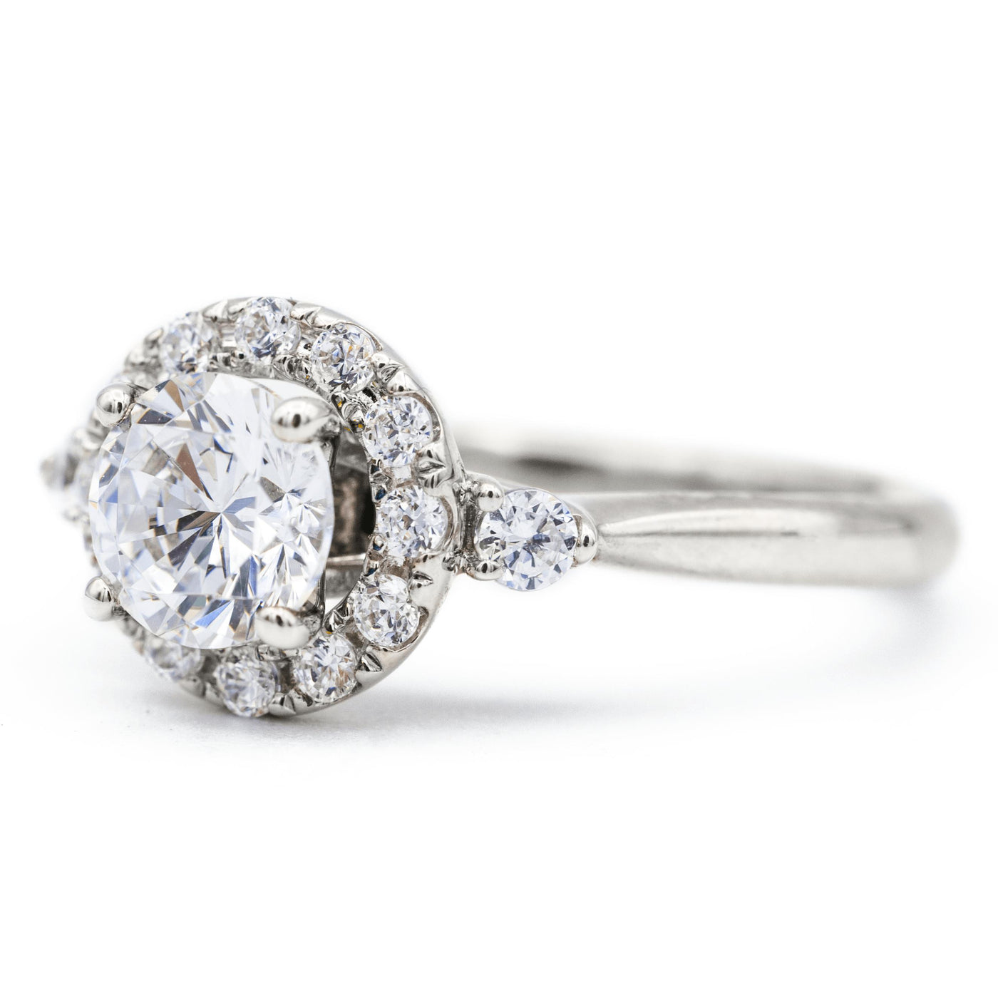 Round Moissanite 14K White Gold Halo Diamond Shank Ring-Fire & Brilliance ® Creative Designs-Fire & Brilliance ®