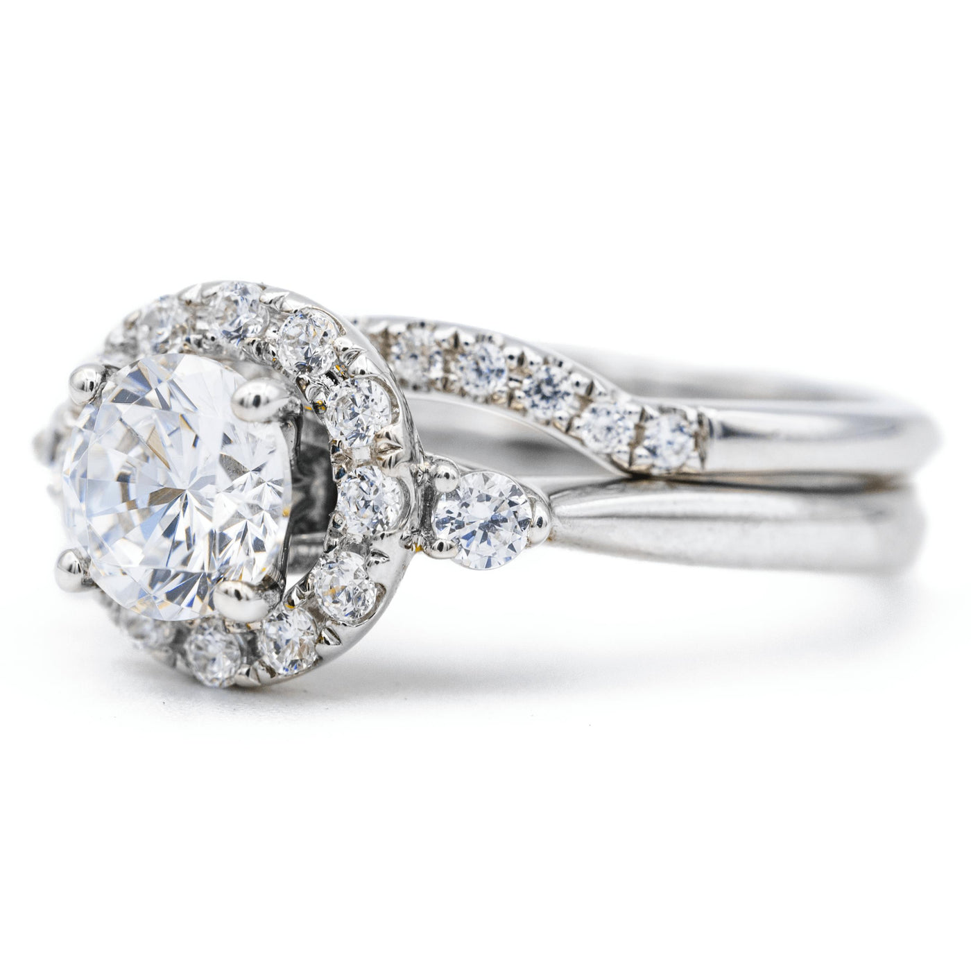 Round Moissanite 14K White Gold Halo Diamond Shank Ring-Fire & Brilliance ® Creative Designs-Fire & Brilliance ®