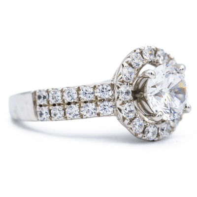 Round Moissanite 14K White Gold Halo Ring-Fire & Brilliance ® Creative Designs-Fire & Brilliance ®