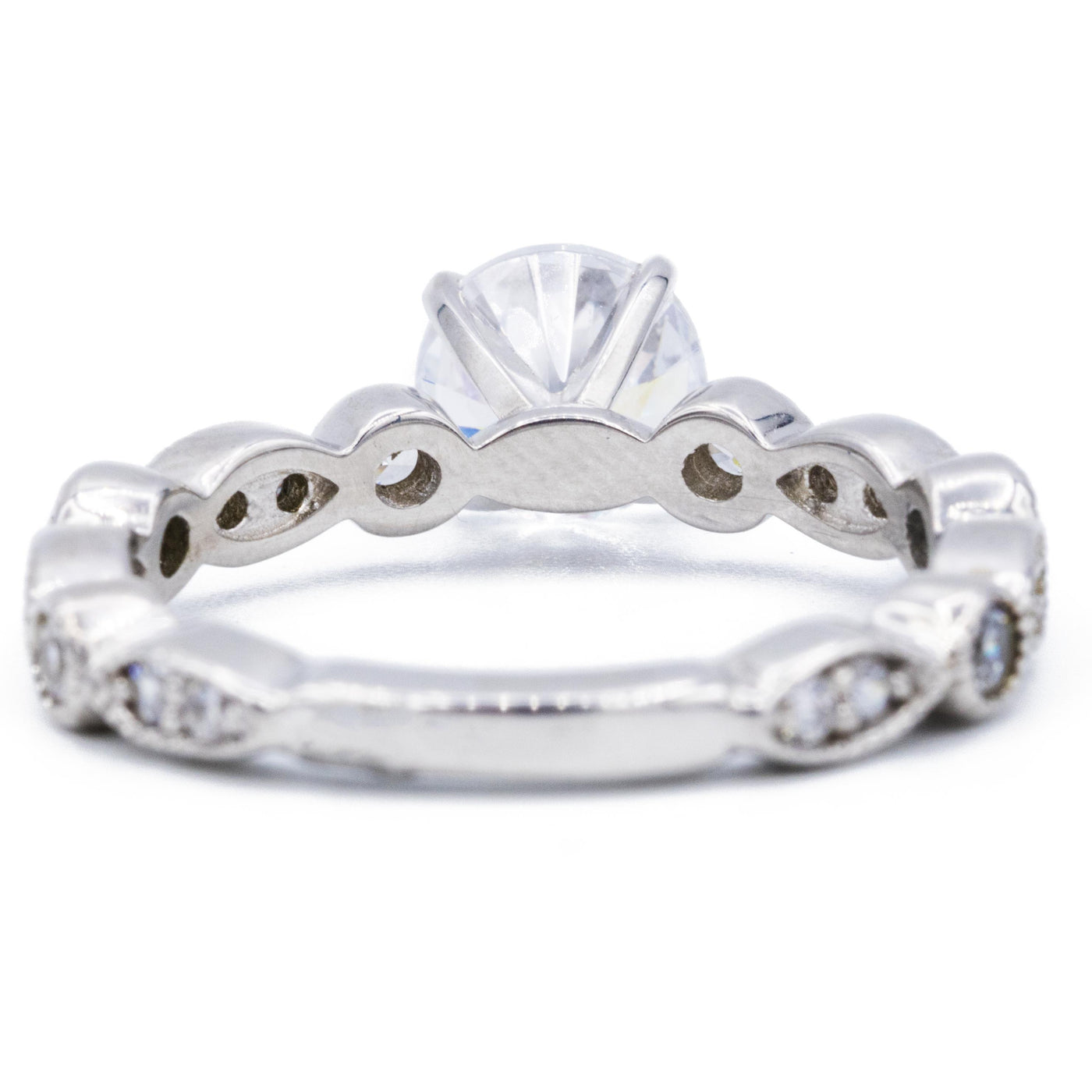 Round Moissanite 14K White Gold Milgrain Diamond Eyes Shank Ring-Fire & Brilliance ® Creative Designs-Fire & Brilliance ®