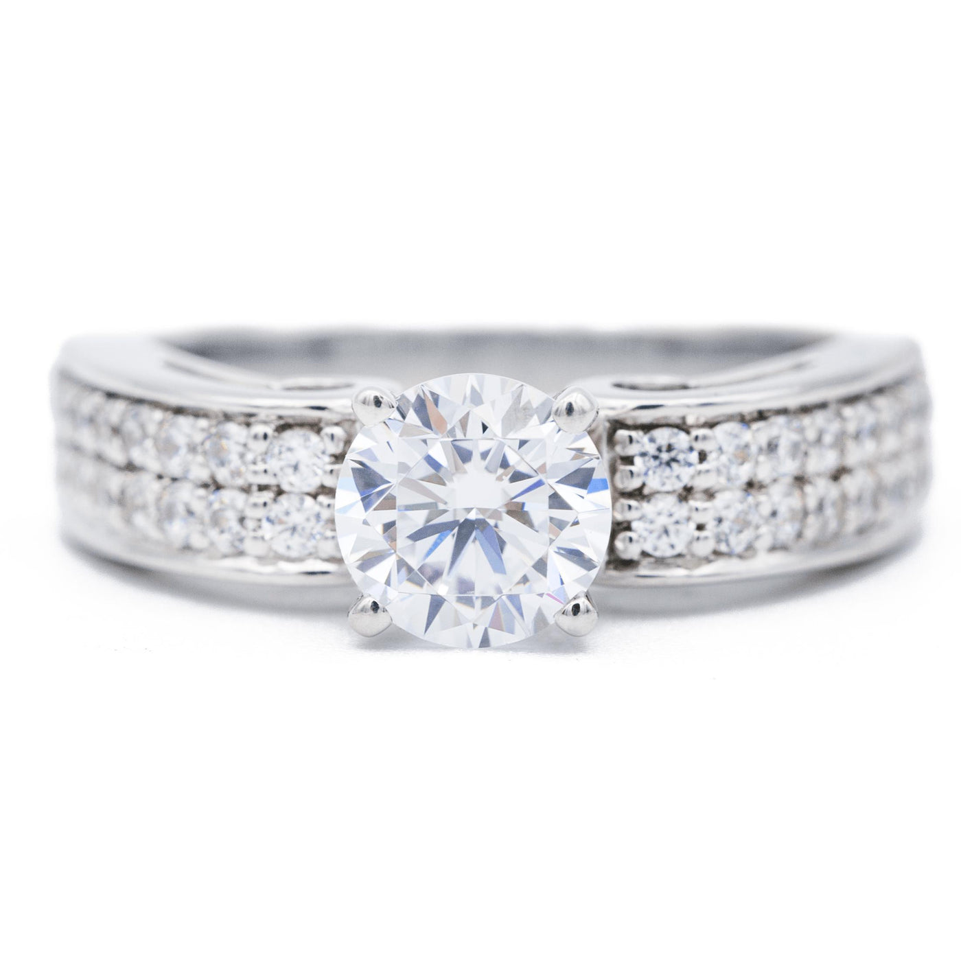 Round Moissanite 14K White Solid Gold Diamond Shank Design Ring-Fire & Brilliance ® Creative Designs-Fire & Brilliance ®