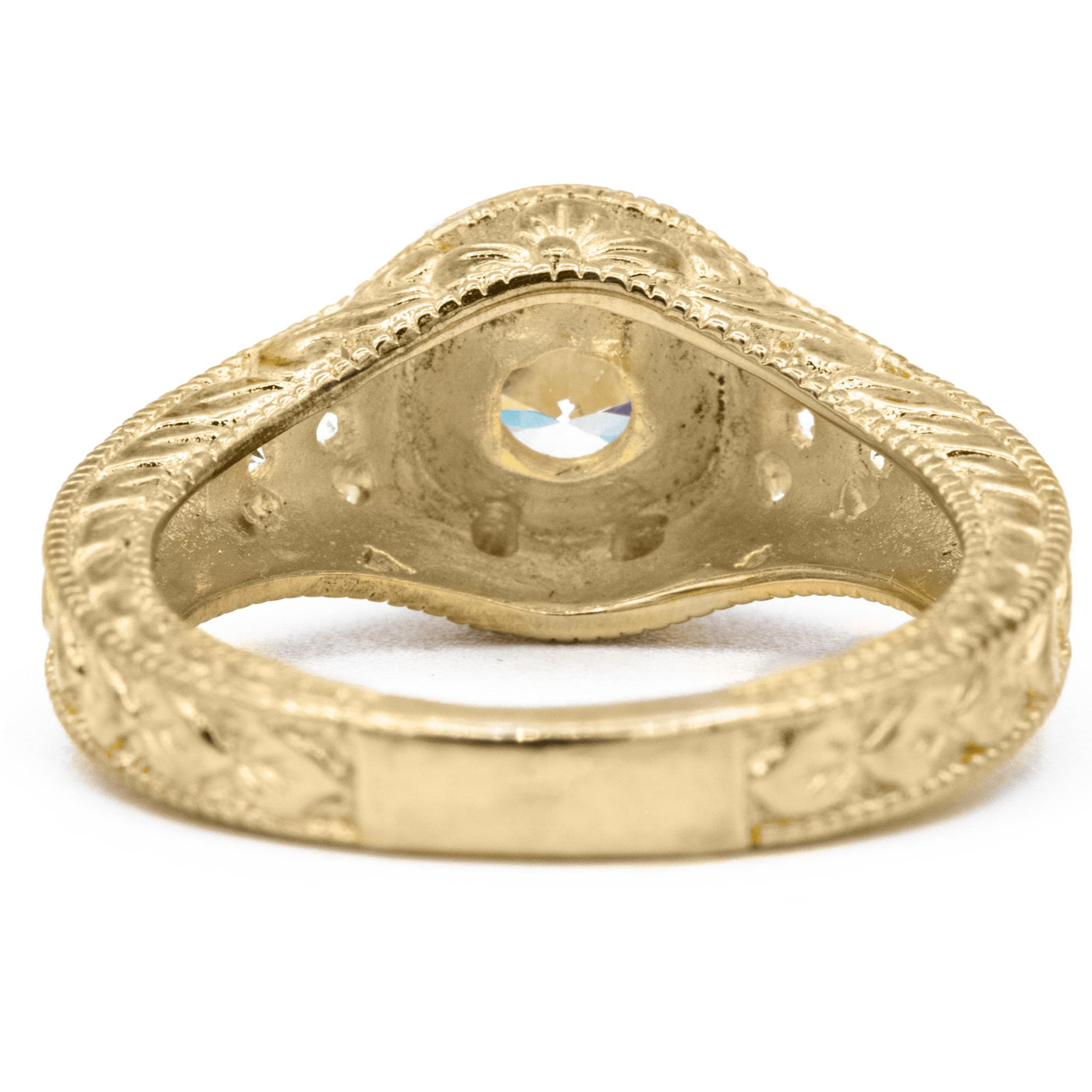 Round Moissanite 14K Yellow Gold 6 Prong Milgrain Filigree Diamond Shank Ring-Fire & Brilliance ® Creative Designs-Fire & Brilliance ®