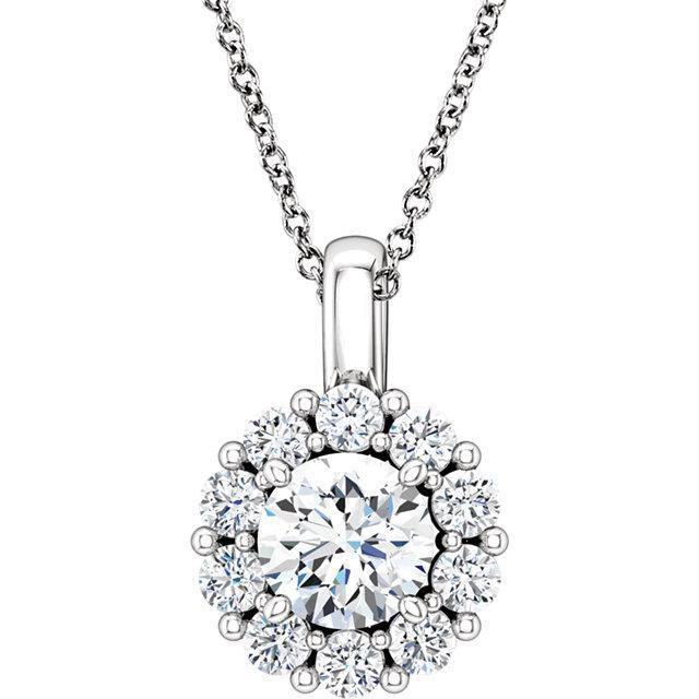 Round Moissanite 4 Prong Diamond Halo Pendant and Necklace-Pendants-Fire & Brilliance ®