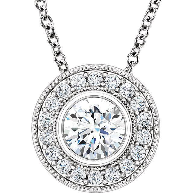 Round Moissanite Bezel-Set Diamond Milgrain Halo Pendant and Necklace-Pendants-Fire & Brilliance ®
