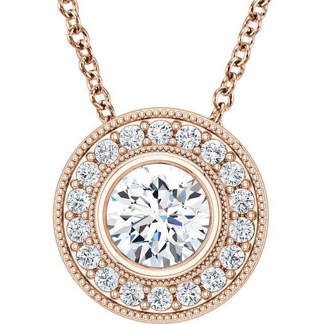 Round Moissanite Bezel-Set Diamond Milgrain Halo Pendant and