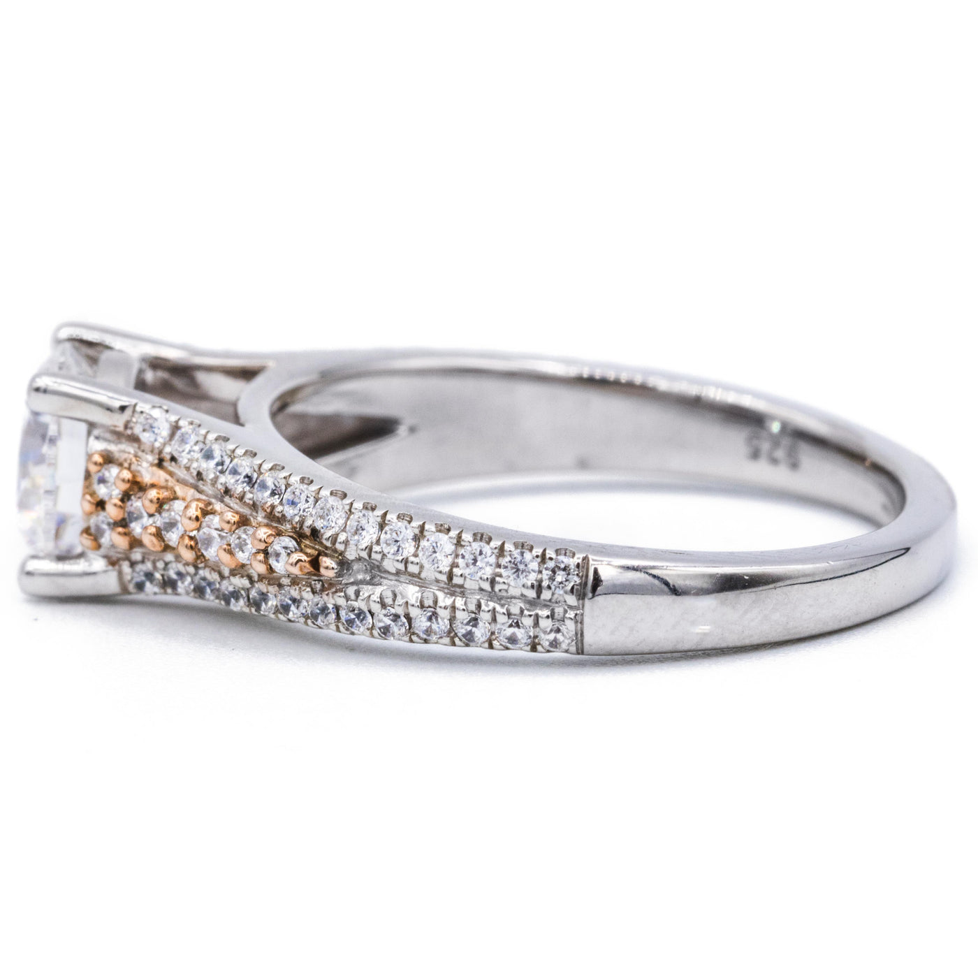 Round Moissanite Two Tone 14K White and Rose Gold Diamond Shank Ring-Fire & Brilliance ® Creative Designs-Fire & Brilliance ®