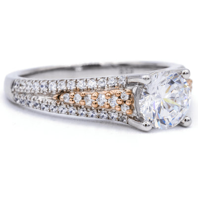 Round Moissanite Two Tone 14K White and Rose Gold Diamond Shank Ring-Fire & Brilliance ® Creative Designs-Fire & Brilliance ®