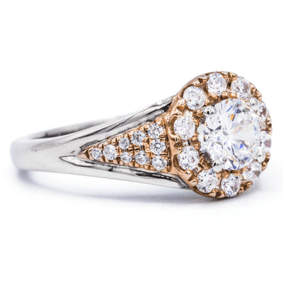 *Round Moissanite Two Tone 14K White and Rose Gold Halo Ring-Fire & Brilliance ® Creative Designs-Fire & Brilliance ®