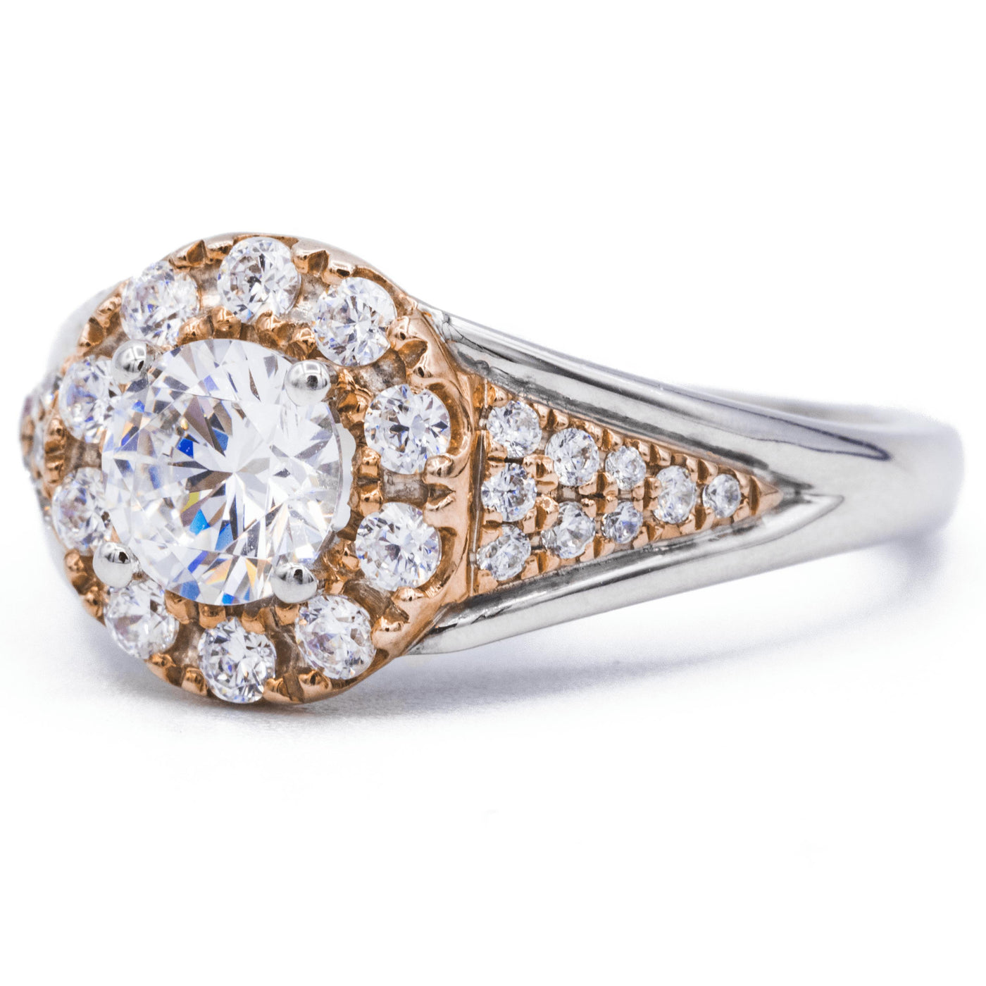 *Round Moissanite Two Tone 14K White and Rose Gold Halo Ring-Fire & Brilliance ® Creative Designs-Fire & Brilliance ®