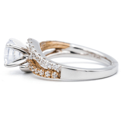 Round Moissanite Two Tone 14K White and Rose Solid Gold Diamond Split Bypass Shank Design Ring-Fire & Brilliance ® Creative Designs-Fire & Brilliance ®