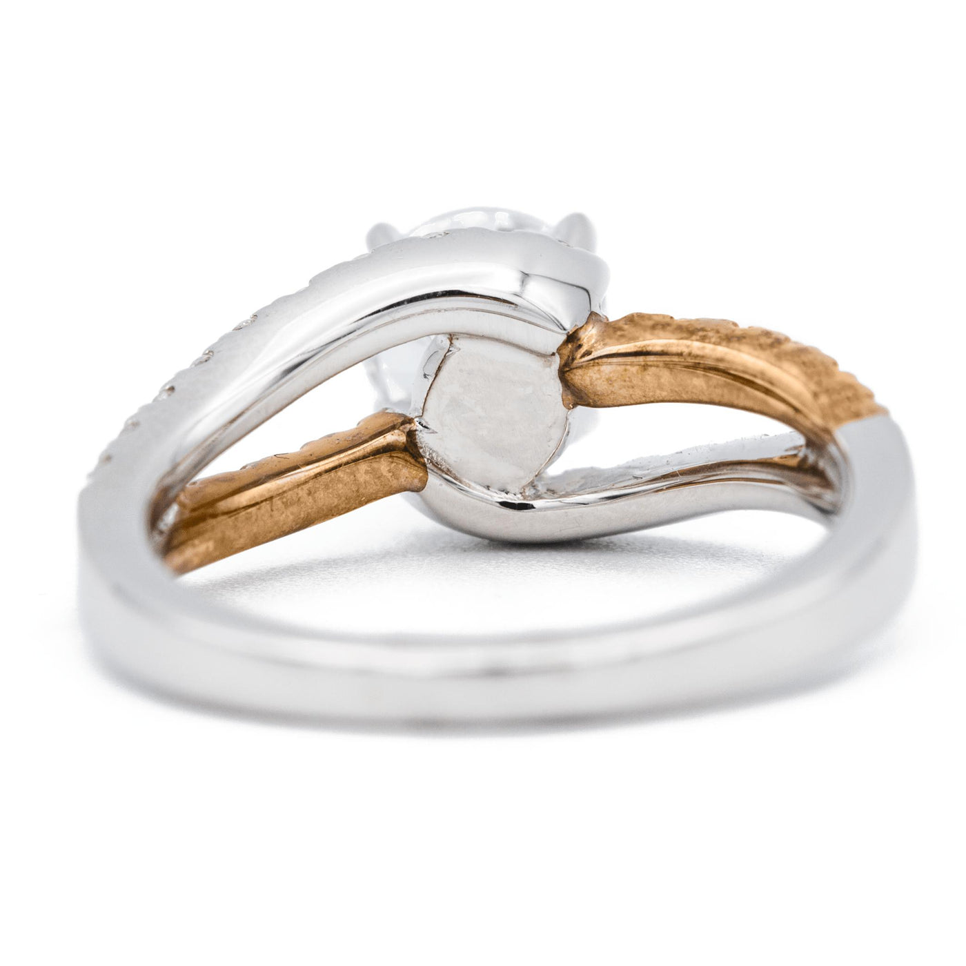 Round Moissanite Two Tone 14K White and Rose Solid Gold Diamond Split Bypass Shank Design Ring-Fire & Brilliance ® Creative Designs-Fire & Brilliance ®