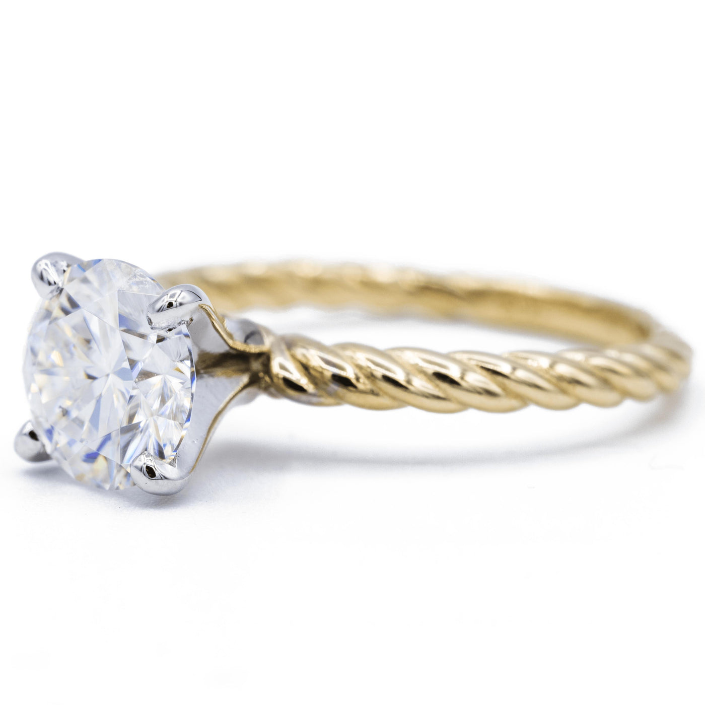 Round Moissanite Two-tone 14K White Gold 4 Prong Peg and Yellow Gold Braided Rope Solitaire Ring-Fire & Brilliance ® Creative Designs-Fire & Brilliance ®