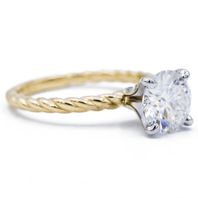 7.5mm Round Moissanite Two-tone 14K White Gold 4 Prong Peg and Yellow Gold Braided Rope Solitaire Ring