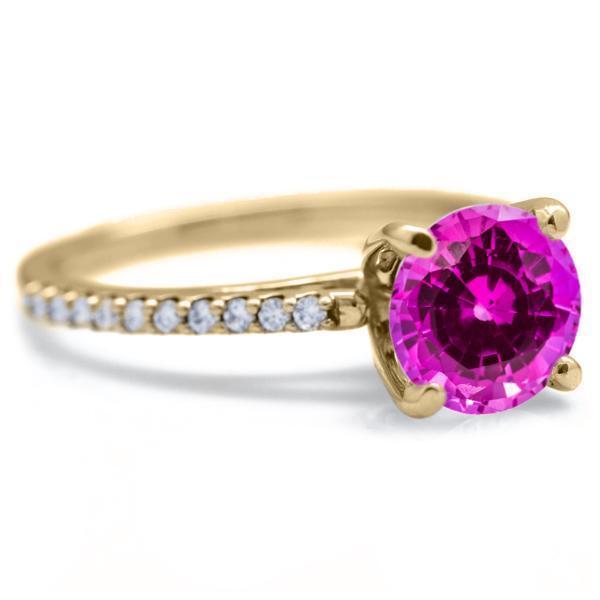 Round Pink Sapphire 4 Prongs Diamond Accent Ice Cathedral Solitaire Ring-FIRE & BRILLIANCE