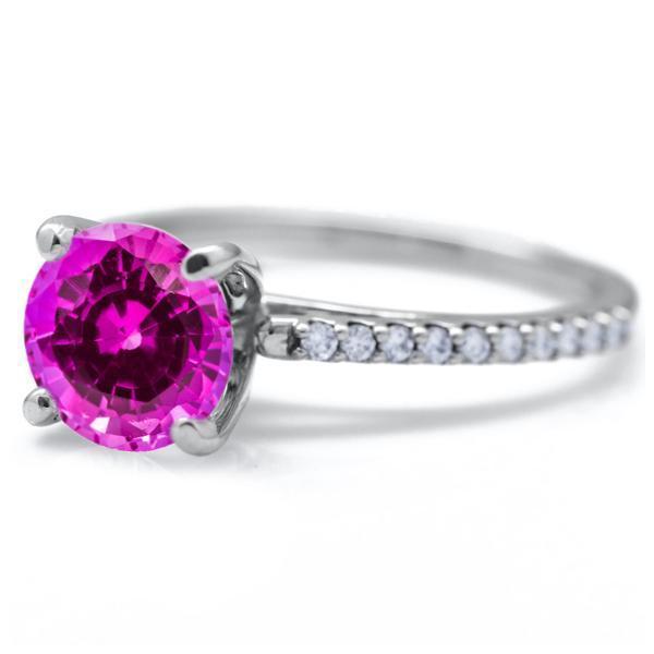 Round Pink Sapphire 4 Prongs Diamond Accent Ice Cathedral Solitaire Ring-FIRE & BRILLIANCE