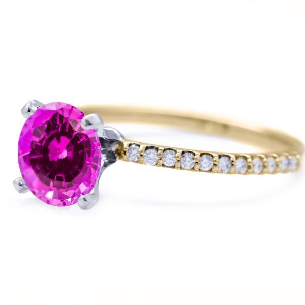 Round Pink Sapphire 4 Prongs Diamond Accent Ice Solitaire Ring-FIRE & BRILLIANCE