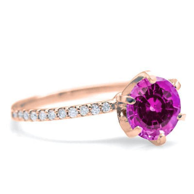 Round Pink Sapphire 4 Prongs Diamond Accent Ice Solitaire Ring-FIRE & BRILLIANCE