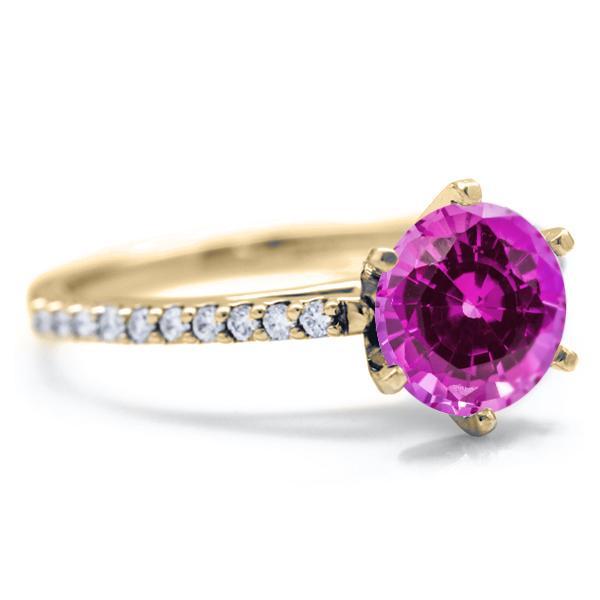Round Pink Sapphire 6 Prongs Diamond Accent Ice Cathedral Solitaire Ring-FIRE & BRILLIANCE