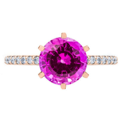 Round Pink Sapphire 6 Prongs Diamond Accent Ice Cathedral Solitaire Ring-FIRE & BRILLIANCE