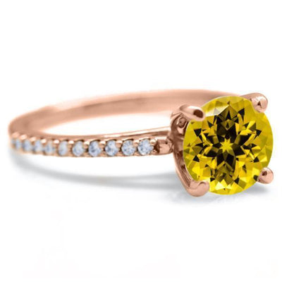 Round Yellow Sapphire 4 Prongs Diamond Accent Ice Cathedral Solitaire Ring-FIRE & BRILLIANCE