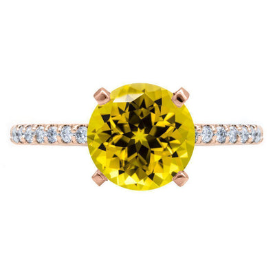 Round Yellow Sapphire 4 Prongs Diamond Accent Ice Solitaire Ring-FIRE & BRILLIANCE