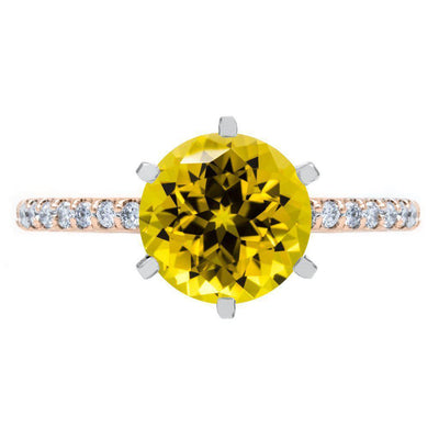 Round Yellow Sapphire 6 Prongs Diamond Accent Ice Cathedral Solitaire Ring-FIRE & BRILLIANCE