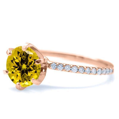 Round Yellow Sapphire 6 Prongs Diamond Accent Ice Solitaire Ring-FIRE & BRILLIANCE