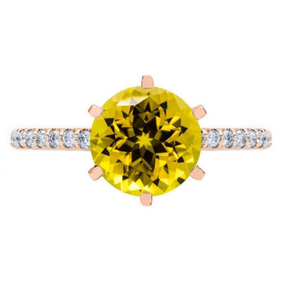 Round Yellow Sapphire 6 Prongs Diamond Accent Ice Solitaire Ring-FIRE & BRILLIANCE