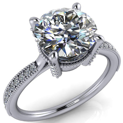 Scarlett Round Moissanite Custom Milgrain with Diamond Channel Set and 4 Prong Ring-Custom-Made Jewelry-Fire & Brilliance ®