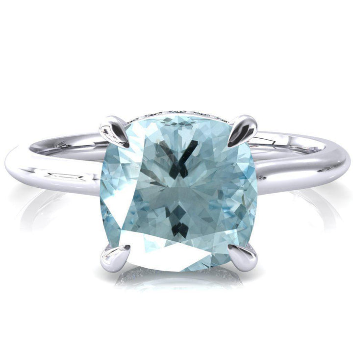 Secret Cushion Aqua Blue Spinel Prong Floating Halo Engagement