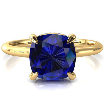 Secret Cushion Blue Sapphire 4 Prong Floating Halo Engagement Ring-FIRE & BRILLIANCE