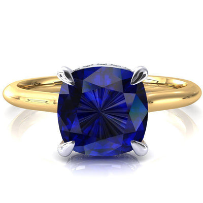 Secret Cushion Blue Sapphire 4 Prong Floating Halo Engagement Ring-FIRE & BRILLIANCE