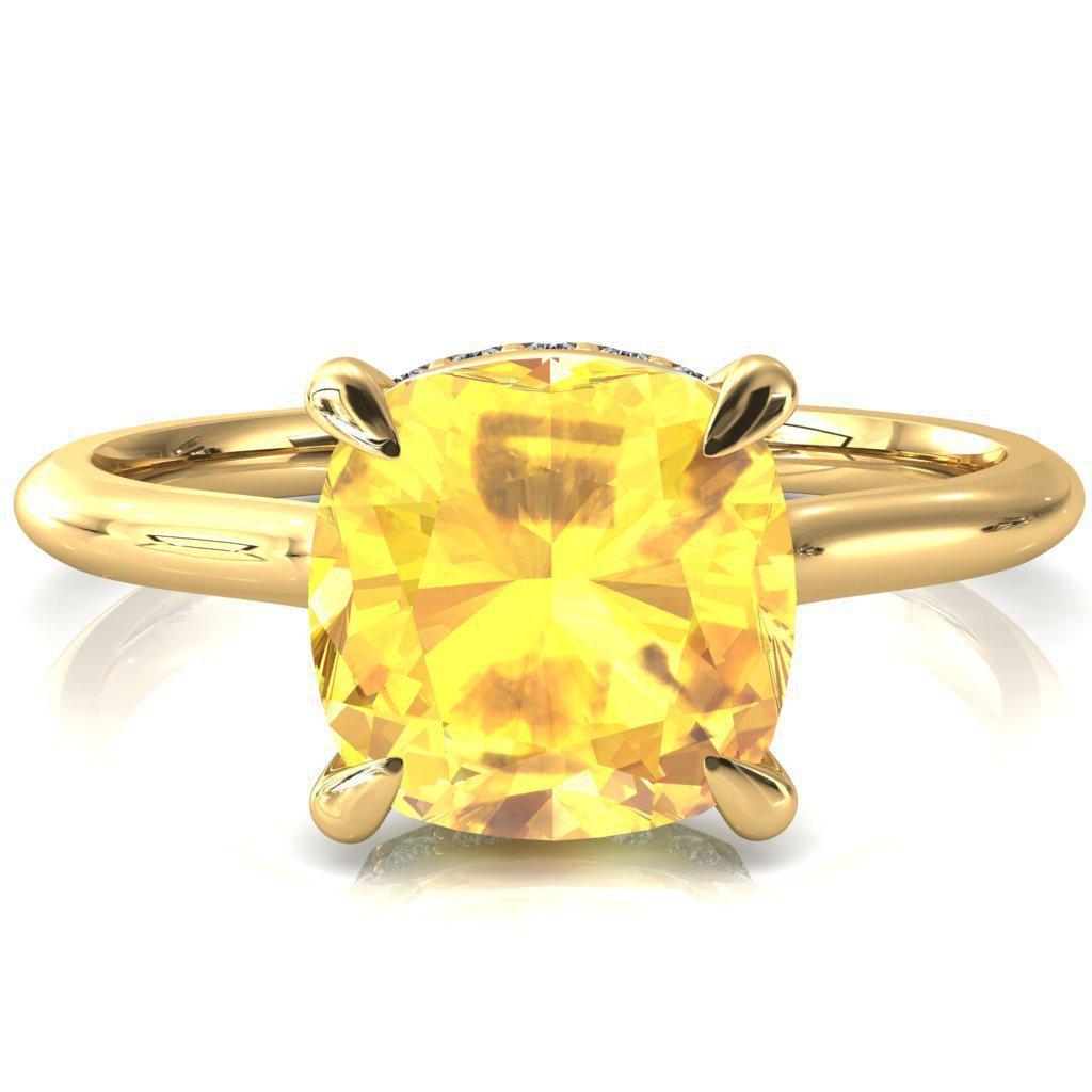 Secret Cushion Yellow Sapphire 4 Prong Floating Halo Engagement Ring-FIRE & BRILLIANCE
