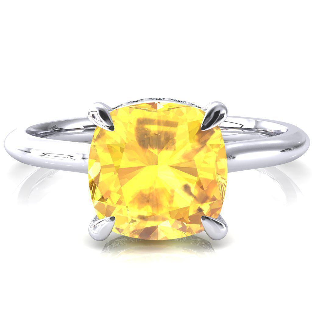 Secret Cushion Yellow Sapphire 4 Prong Floating Halo Engagement Ring-FIRE & BRILLIANCE