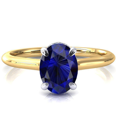 Secret Oval Blue Sapphire 4 Prong Floating Halo Engagement Ring-FIRE & BRILLIANCE