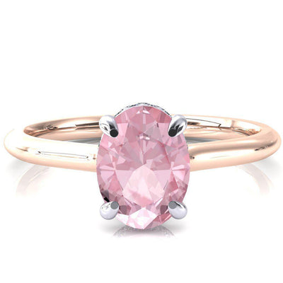 Secret Oval Pink Sapphire 4 Prong Floating Halo Engagement Ring-FIRE & BRILLIANCE