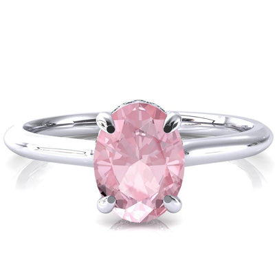 Secret Oval Pink Sapphire 4 Prong Floating Halo Engagement Ring-FIRE & BRILLIANCE