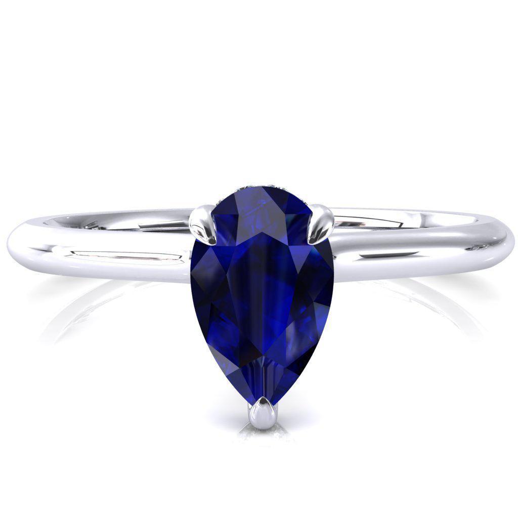 Secret Pear Blue Sapphire 3 Prong Floating Halo Engagement Ring-FIRE & BRILLIANCE