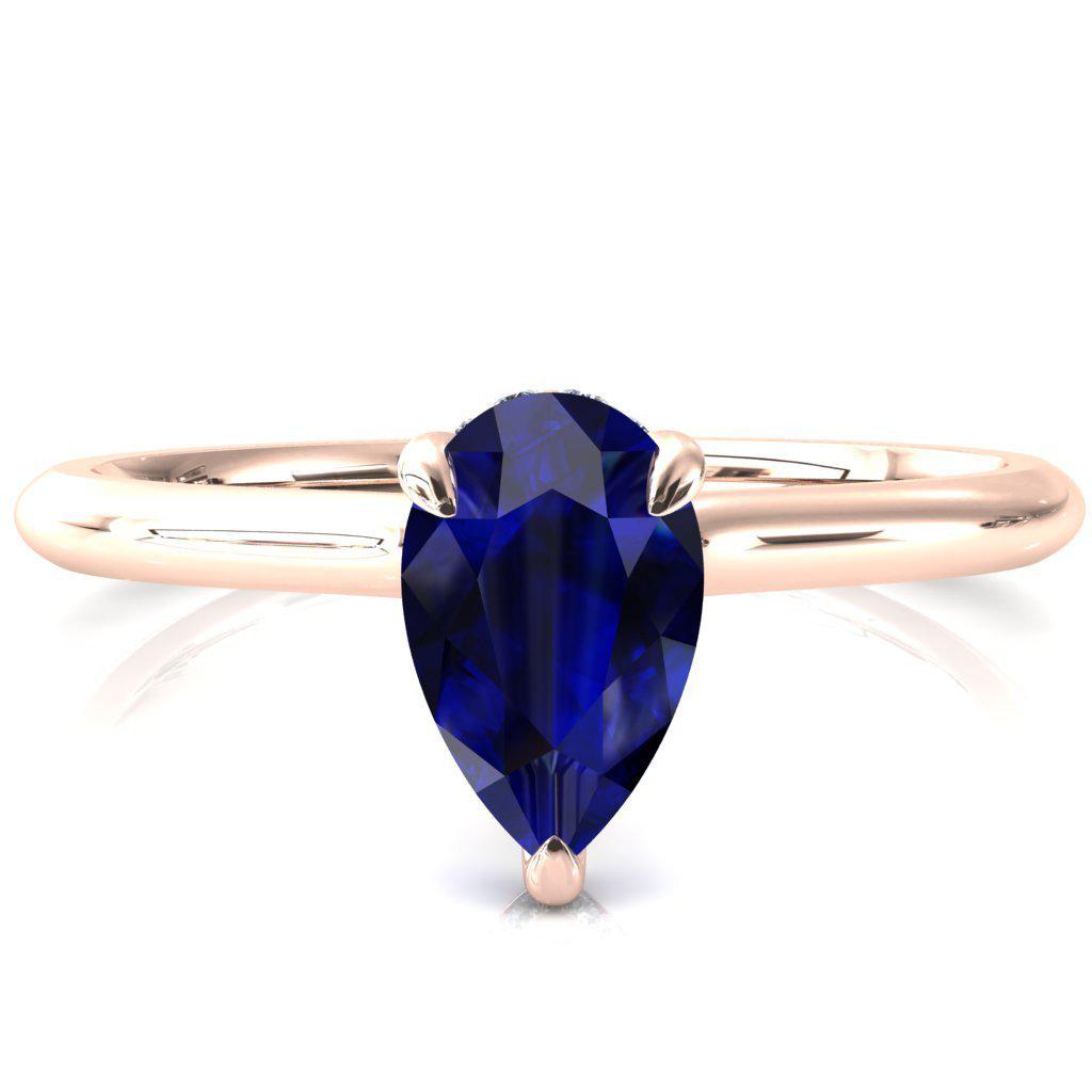 Secret Pear Blue Sapphire 3 Prong Floating Halo Engagement Ring-FIRE & BRILLIANCE