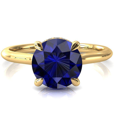 Secret Round Blue Sapphire 4 Prong Floating Halo Engagement Ring-FIRE & BRILLIANCE